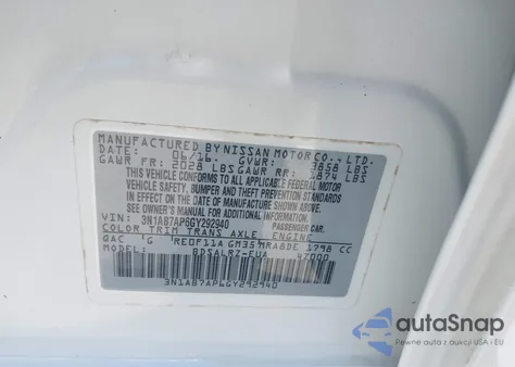 2016 Nissan Sentra Sr z USA, uszkodzony, nr VIN 3N1AB7AP6GY292940
